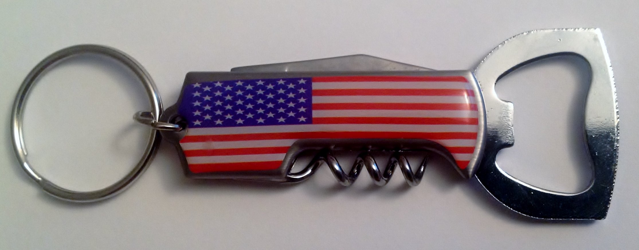 USA Flag 3 in 1 Metal Knife Corkscrew & Bottle Opener Key Ring