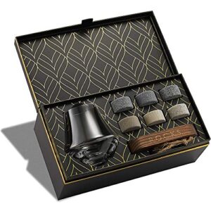 whiskey stones & premium crystal nosing glass gift set - 6 handcrafted granite round sipping rocks - tumbler for whiskey, scotch, bourbon tasting - hardwood presentation tray - gold foil box by rocks
