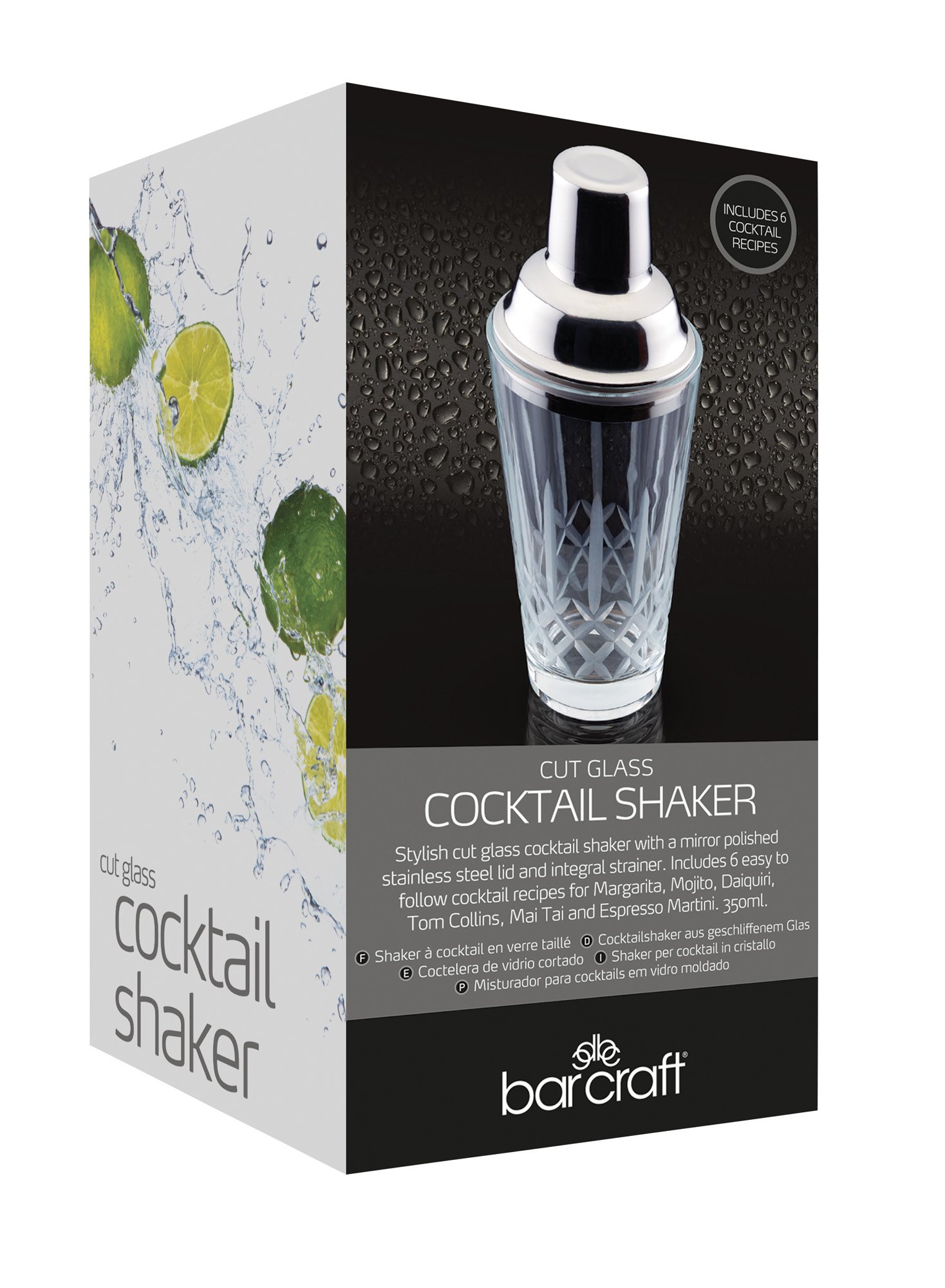 Kitchen Craft BarCraft Cut-Glass Cocktail Shaker with Stainless Steel Strainer, 400 ml (14 fl oz)