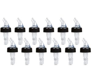 (pack of 12) measured liquor bottle pourers, 1.25 oz, clear spout bottle pourer with clear tail and black collar, measured pour spouts by tezzorio