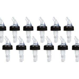 (Pack of 12) Measured Liquor Bottle Pourers, 1.25 oz, Clear Spout Bottle Pourer with Clear Tail and Black Collar, Measured Pour Spouts by Tezzorio