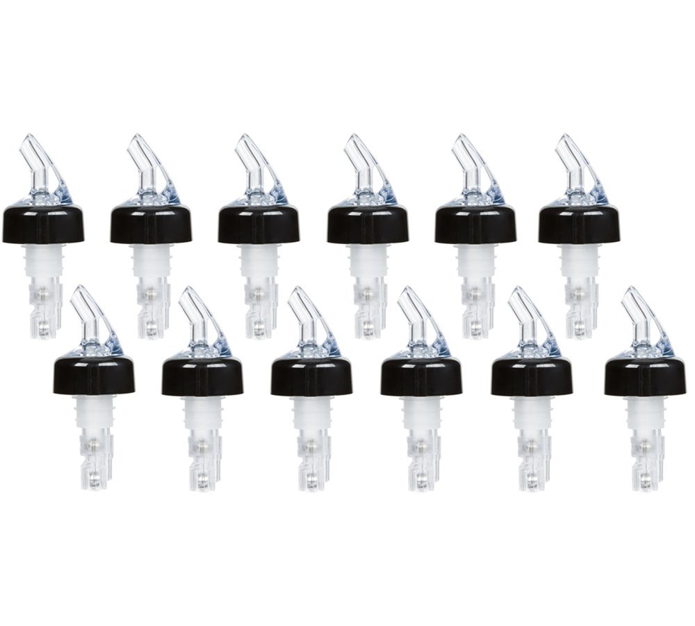 (Pack of 12) Measured Liquor Bottle Pourers, 1.25 oz, Clear Spout Bottle Pourer with Clear Tail and Black Collar, Measured Pour Spouts by Tezzorio