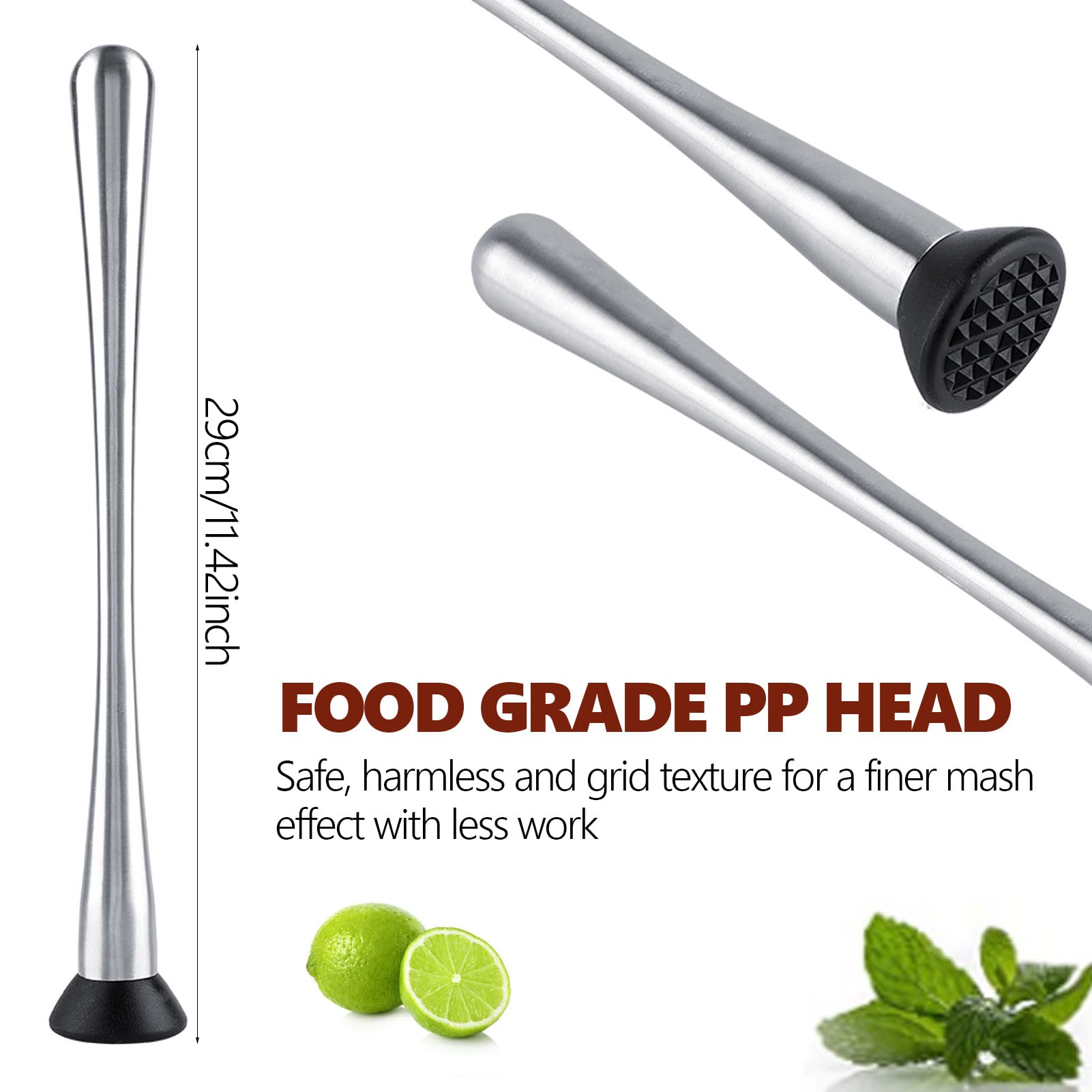 Long Handle Stainless Steel 29cm/11.42in Muddler Bar Tool Cocktail Muddler Mojito Fruit Mixer DIY Drink Wine Barware Tool, Silver