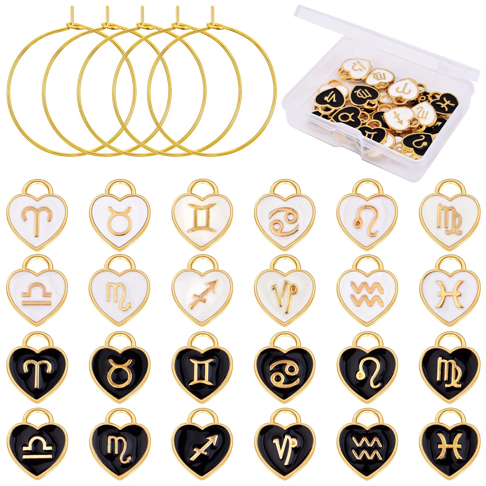 KMOSPAD 24pcs Heart 12 Constellations Charms Zodiac Sign Enamel Pendants and 24pcs 25 mm Golden Wine Glass Rings Markers with A Box for Tasting Party Decoration Supplies Gifts