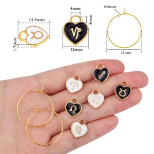 KMOSPAD 24pcs Heart 12 Constellations Charms Zodiac Sign Enamel Pendants and 24pcs 25 mm Golden Wine Glass Rings Markers with A Box for Tasting Party Decoration Supplies Gifts