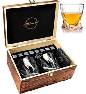 lighten life whiskey stones gift set,whiskey glass set 2 in wooden box with 8 granite whiskey stones,premium bourbon glasses with stones,whiskey stone gift for dad husband boyfriend fathers day