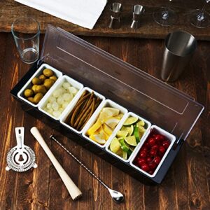 True Tray-6 Removable Inserts and Ice Reservoir Bar Caddy with Lid for Garnishes, Bartender Accessory for Cocktail Recipes, Plastic, Set of 1, Black