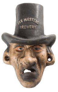 cast iron top hat man "ole masters brewery" wall mount bottle opener