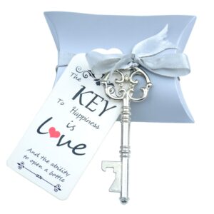 50pcs wedding favor souvenir gift set pillow candy box vintage skeleton key bottle openers escort gift card thank you tag french ribbon(antique silver)