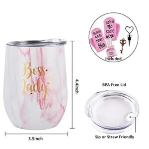 Qtencas Boss Lady Wine Tumbler Cupcake Wine Socks Set, Bosses Day Christmas Gifts for Women Boss Mom Female Friends Insulated Stainless Steel WineTumbler with Lid (12 oz, Pink Marble)
