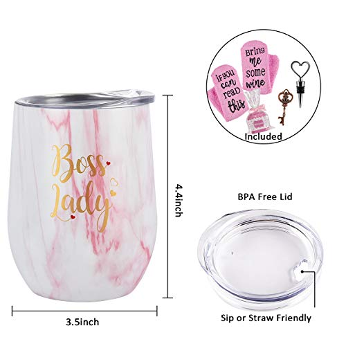 Qtencas Boss Lady Wine Tumbler Cupcake Wine Socks Set, Bosses Day Christmas Gifts for Women Boss Mom Female Friends Insulated Stainless Steel WineTumbler with Lid (12 oz, Pink Marble)