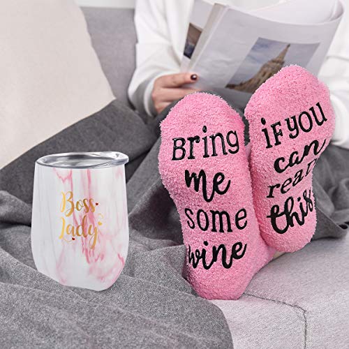 Qtencas Boss Lady Wine Tumbler Cupcake Wine Socks Set, Bosses Day Christmas Gifts for Women Boss Mom Female Friends Insulated Stainless Steel WineTumbler with Lid (12 oz, Pink Marble)