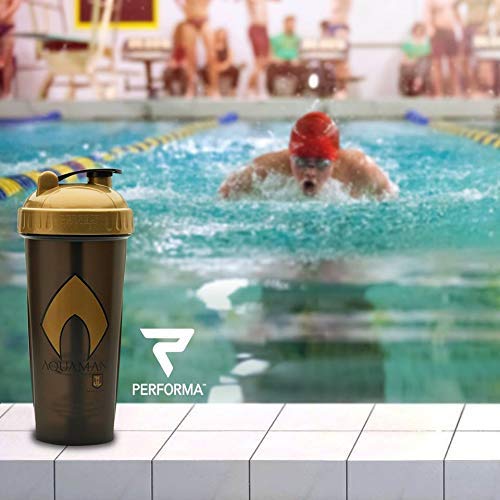 Performa Justice League & DC Comic - Leak Free Protein Shaker Bottle with Actionrod Mixing Technology for All Your Protein Needs! Shatter Resistant & Dishwasher Safe (Aquaman)(28oz)