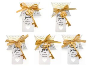 kinteshun wedding party favor set,skeleton key bottle openers candy boxes escort tags and ribbon souvenir gift set(gold tone,50 sets with 5 styles)