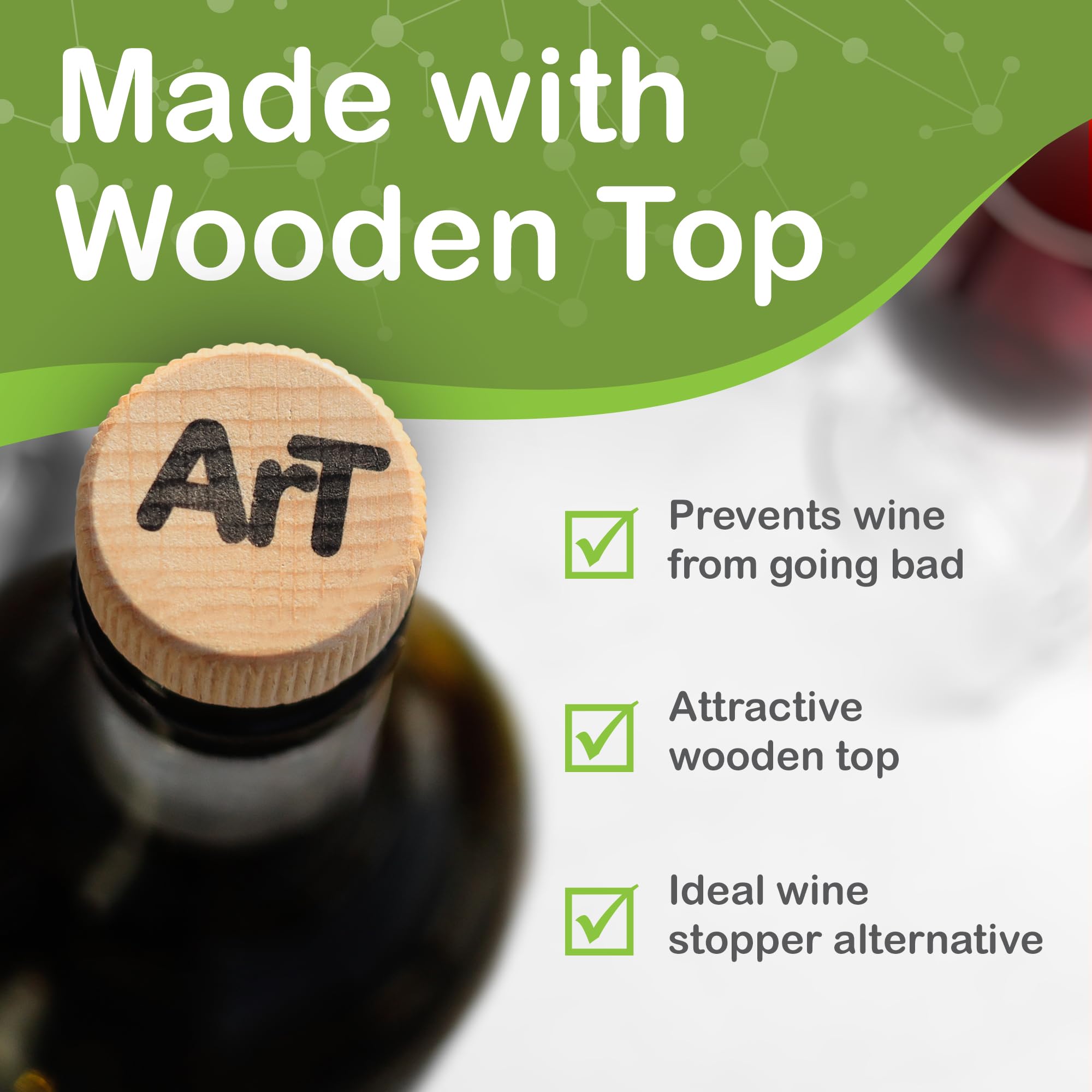 ArT Wine Preserver - Reusable Wine Stopper, Ideal Alternative for Vaccum Wine Bottle Stopper, Cork Wine Stoppers for Wine Bottles with a Wooden Top, Pack of 4 Wine Corks