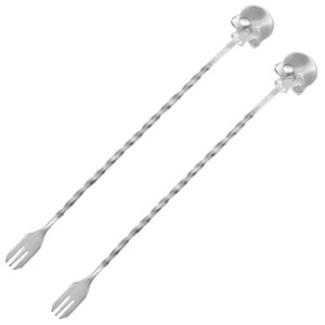 Pinenjoy 2Pcs Skull Bar Spoon and Fork with Spirial Pattern 9.8inch Long Handle 18/10 Stainless Steel Cocktail Shaker Spoon for Bartender Halloween Stirring Beverages