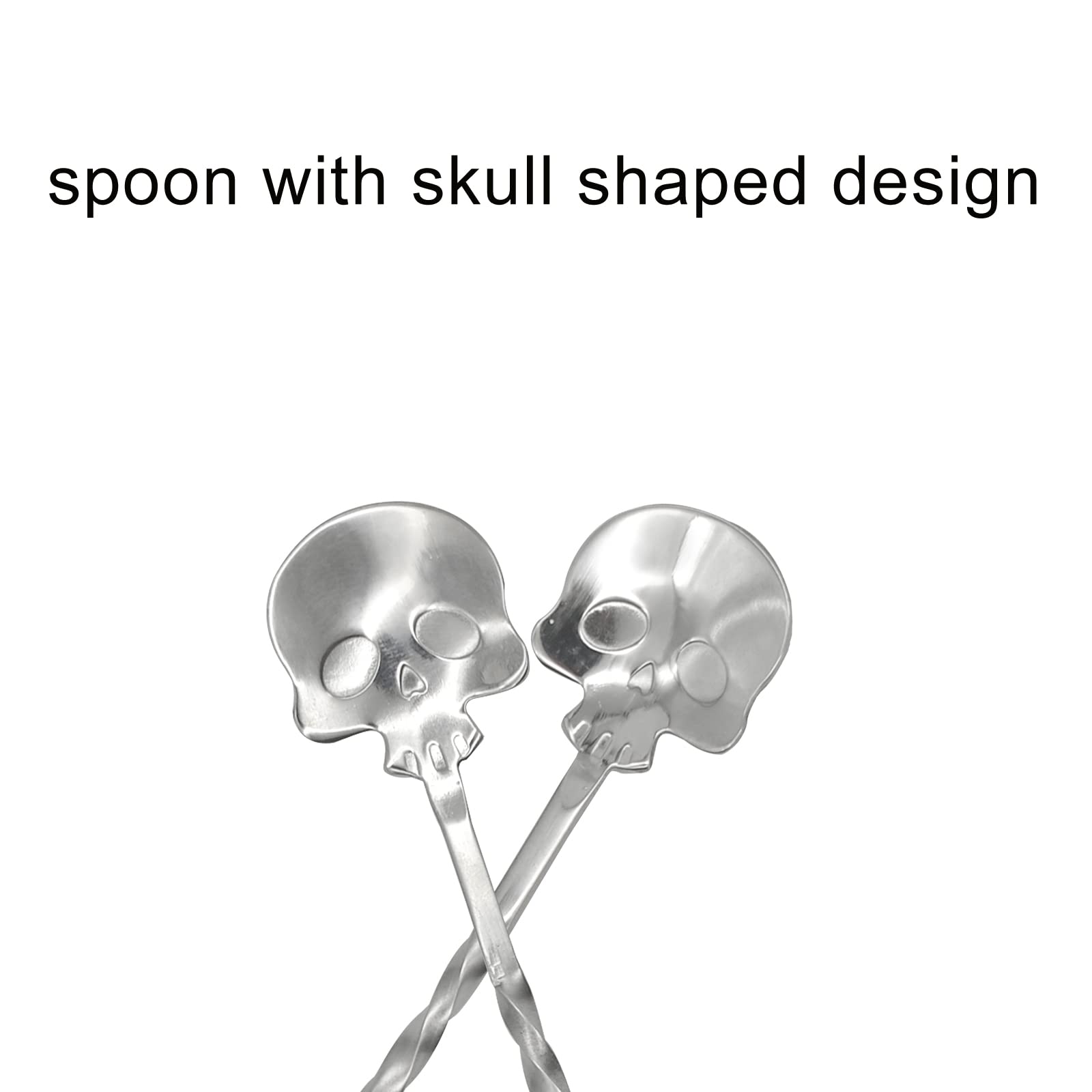 Pinenjoy 2Pcs Skull Bar Spoon and Fork with Spirial Pattern 9.8inch Long Handle 18/10 Stainless Steel Cocktail Shaker Spoon for Bartender Halloween Stirring Beverages