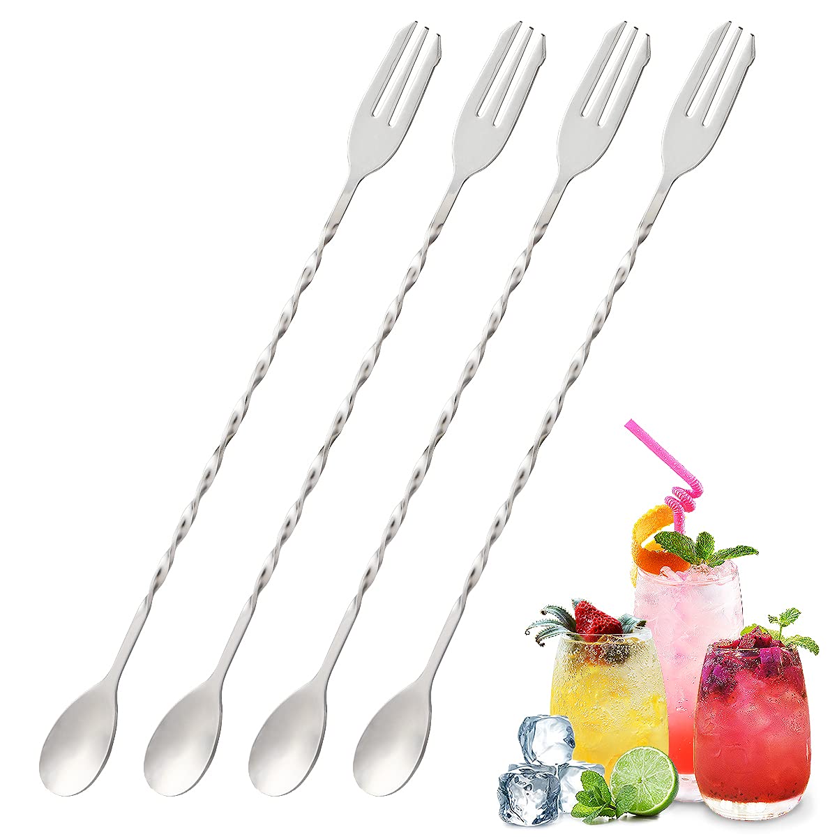 Wepikk Bar Spoon Cocktail Mixing Spoon Bar Stirring Spoon Drink Stirrers Fruit Fork 4 Pcs Stainless Steel Bar Set Bartender kit 12.6 Inch Spiral Pattern Long Handle