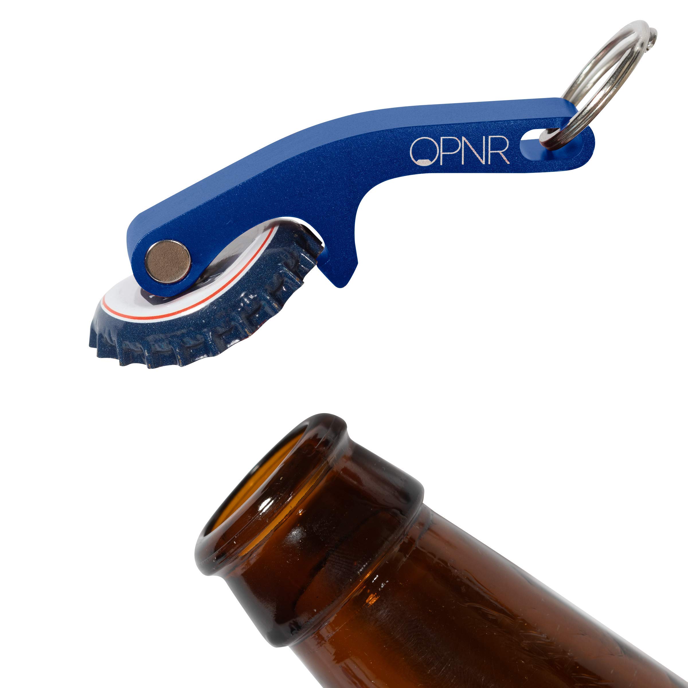 OPNR Mini Keychain Bottle Opener with Magnetic Lid Catch for Beer and Soda I Home Bar, Tailgating, and Bartender Use I Portable Manual Aluminum Lever I Catch caps, stick on fridge! (Diode Blue)