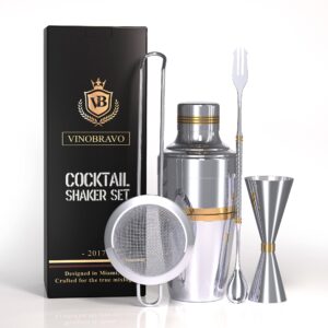 vinobravo cocktail shaker set for home bars and professionals, include martini shaker 17oz, double jigger, mixing spoon and fine mesh strainer - premium 18/8 stainless steel