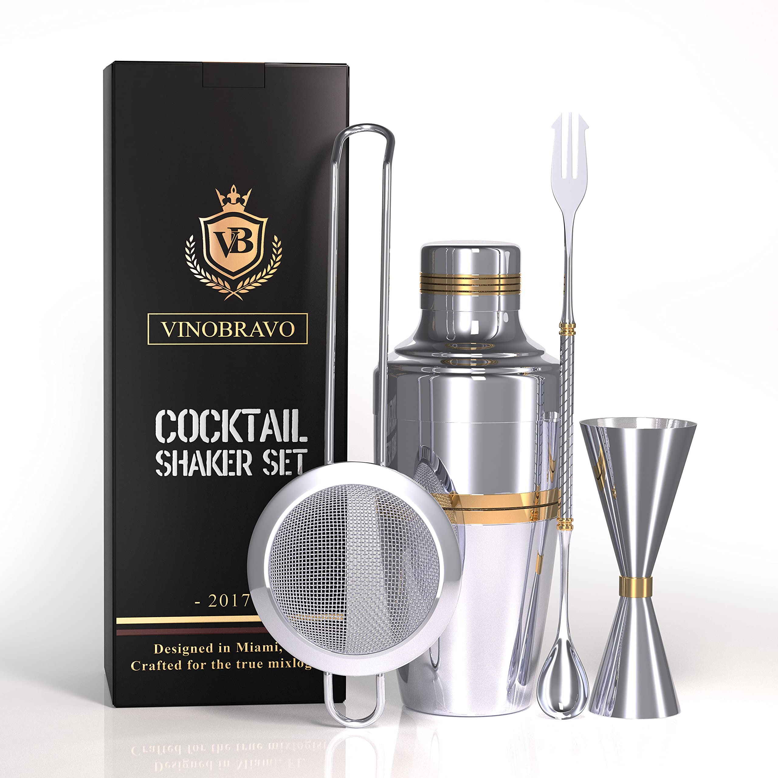 VinoBravo Cocktail Shaker Set for Home Bars and Professionals, Include Martini Shaker 17oz, Double Jigger, Mixing Spoon and Fine Mesh Strainer - Premium 18/8 Stainless Steel