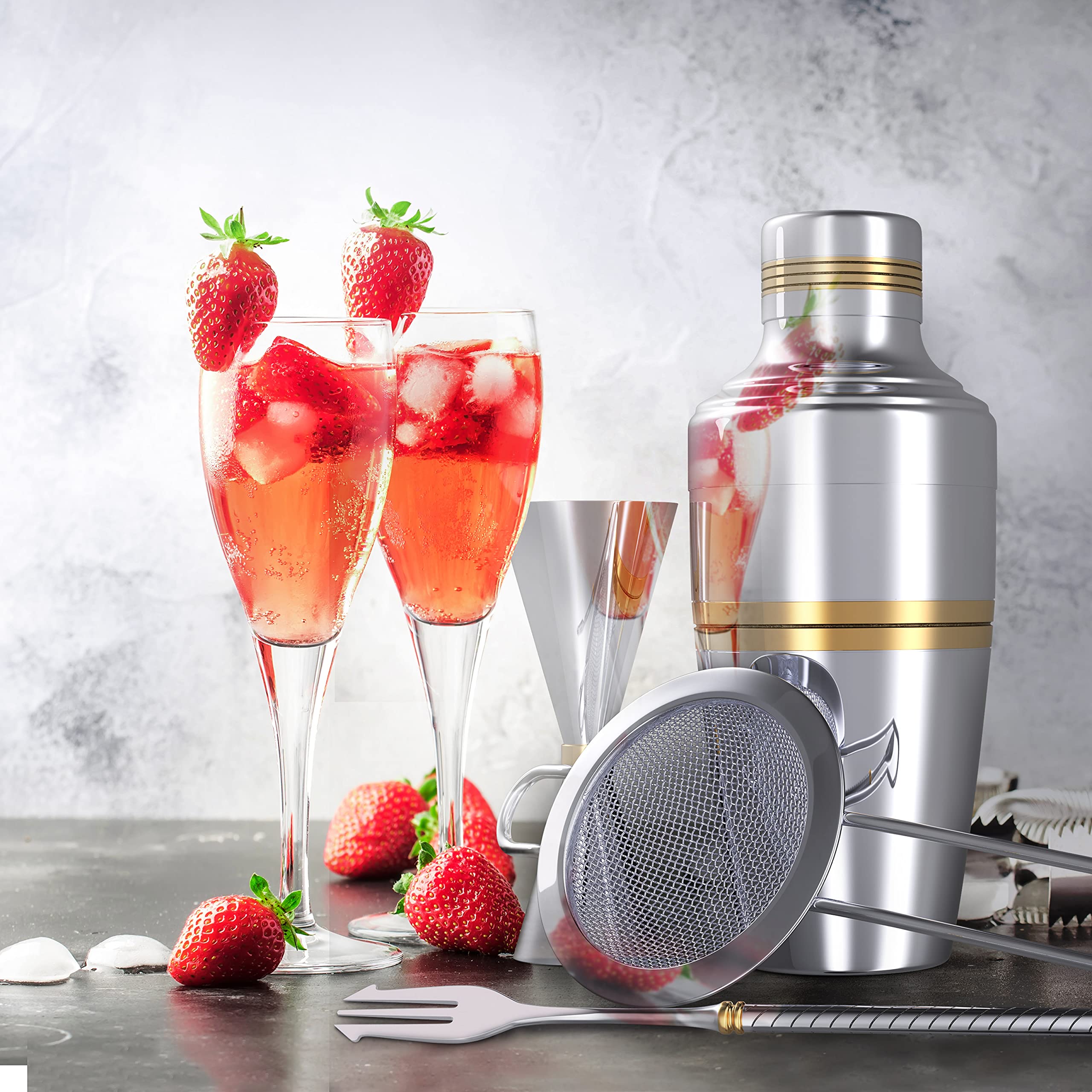 VinoBravo Cocktail Shaker Set for Home Bars and Professionals, Include Martini Shaker 17oz, Double Jigger, Mixing Spoon and Fine Mesh Strainer - Premium 18/8 Stainless Steel