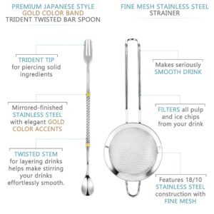 VinoBravo Cocktail Shaker Set for Home Bars and Professionals, Include Martini Shaker 17oz, Double Jigger, Mixing Spoon and Fine Mesh Strainer - Premium 18/8 Stainless Steel