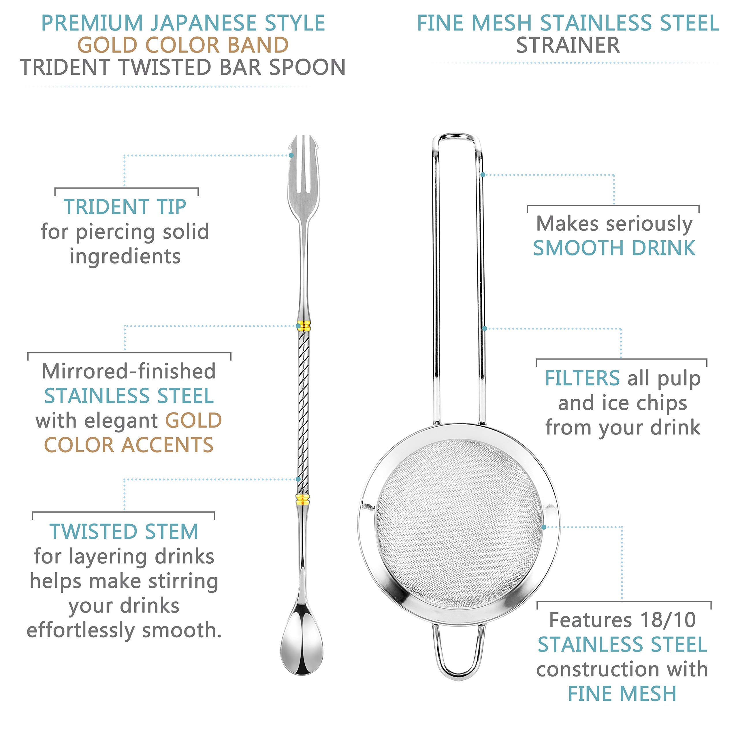 VinoBravo Cocktail Shaker Set for Home Bars and Professionals, Include Martini Shaker 17oz, Double Jigger, Mixing Spoon and Fine Mesh Strainer - Premium 18/8 Stainless Steel