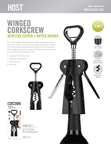 HOST Winged Corkscrew, Non-Stick Worm And Bottle Opener, 2-Blade Foil Cutter