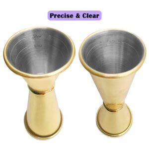 2 PCS Japanese Style Double Jigger, findTop 1oz / 2oz Stainless Steel Measure Liquor Cocktail Jiggers with Interior Measurements (Gold)