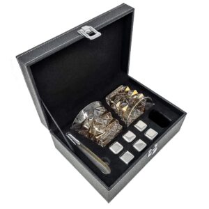 rocks premium crystal whiskey glass set with gilded gold glasses, stainless steel chilling stones and quality gold serving tongs. great gift for all whiskey, bourbon and scotch lovers!