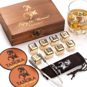 Whiskey Stainless Steel Stones Gift Set of 8 Golden Ice Cubes. Reusable Chilling Rocks in Wooden Box Ideas for Men Dad Groomsman Husband Wedding Father's Day Birthday Anniversary