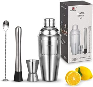 cocktail shaker set bartender kit for alcoholic drinks -4 piece classic stainless steel drink mixer set essential cocktail bar tool set, home/bar cart accessories with 24 oz shaker cup (sliver)