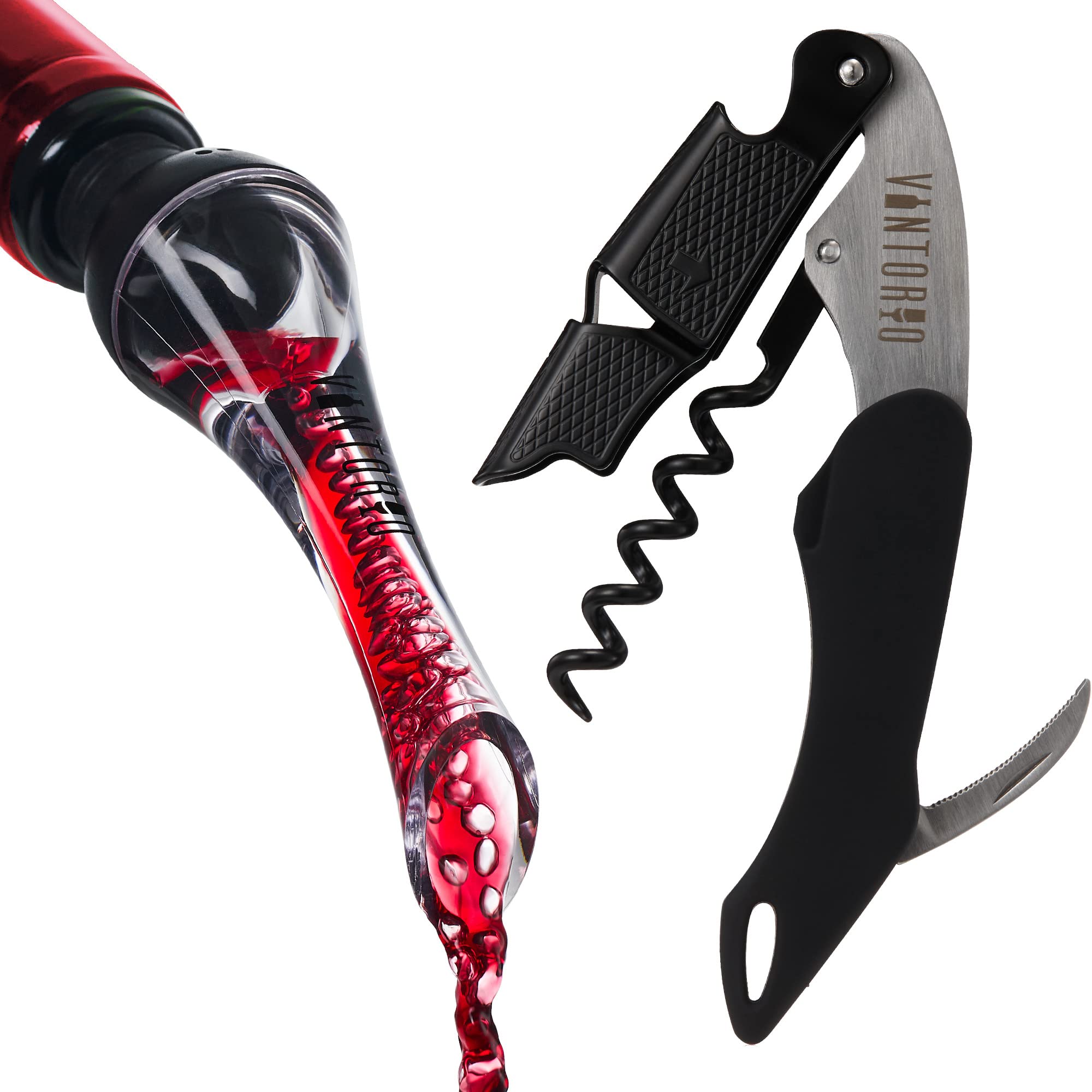 Wine Aerator Pourer and Waiter's Corkscrew Bundle (Black) by Vintorio