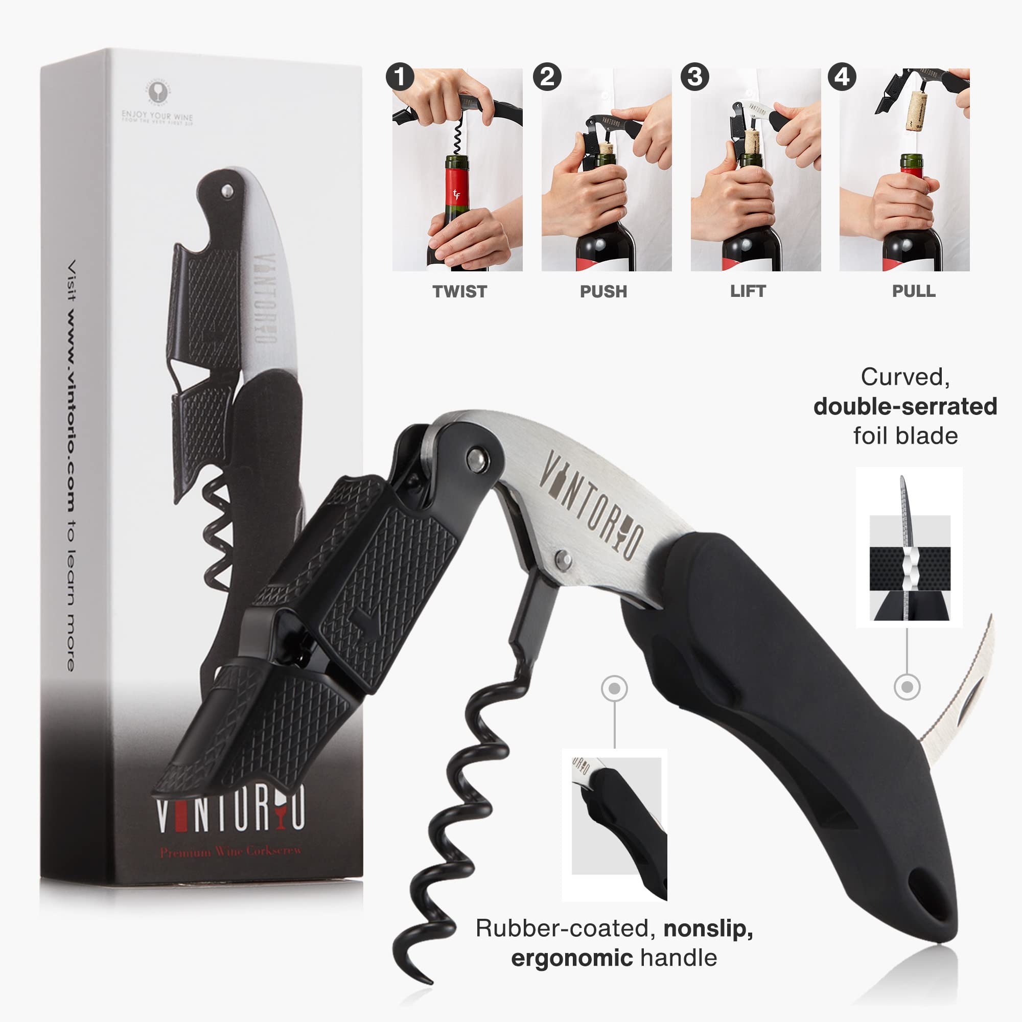 Wine Aerator Pourer and Waiter's Corkscrew Bundle (Black) by Vintorio