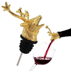 wine stoppers wine aerator pourer spout bottle pourers for alcohol stainless steel deer stag head wine pourer stags with food grade silicone stopper for home and bar use (gold)