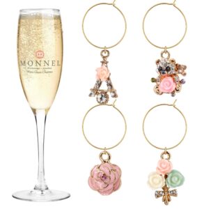 p412 crystal rose bear flowers wine charms glass marker for party with velvet bag(pink ,set of 4)