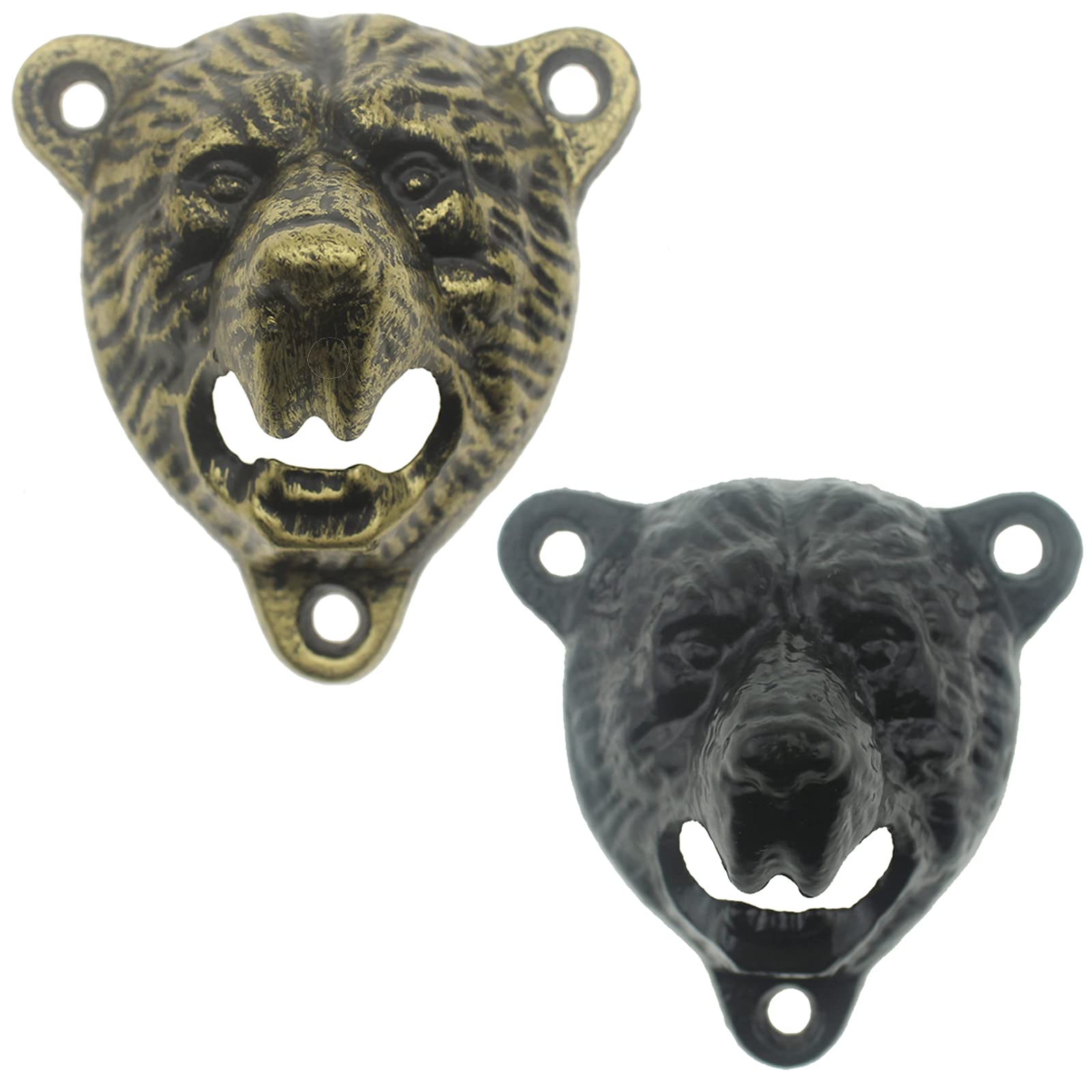 Luwanburg 2PCS Grizzly Bear Head Wall Mounted Bottle Opener Cast Iron with Black Antique Brass Bear Mouth Teeth Bite for Patio Garage