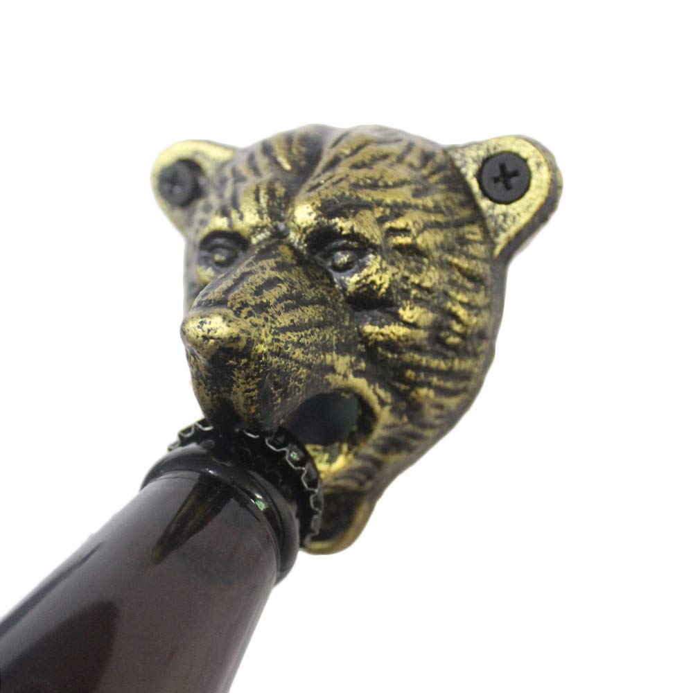 Luwanburg 2PCS Grizzly Bear Head Wall Mounted Bottle Opener Cast Iron with Black Antique Brass Bear Mouth Teeth Bite for Patio Garage