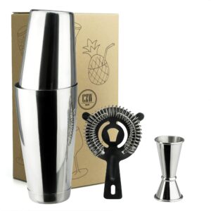 pg boston cocktail kit - 4pc premium stainless steel shaker set - 30oz gloss finish ​2-piece shaker with cocktail strainer and double jigger