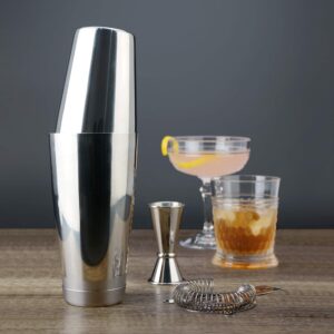 PG Boston Cocktail Kit - 4PC Premium Stainless Steel Shaker Set - 30oz Gloss Finish ​2-Piece Shaker with Cocktail Strainer and Double Jigger