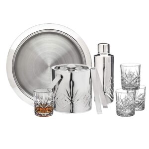 godinger bar set - cocktail shaker, stainless ice bucket, 4 old fashioned glasses, tongs and tray - dublin collection