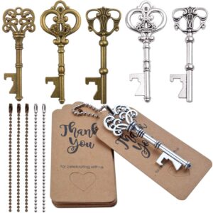 aylifu skeleton key bottle opener, 6 pieces wedding favors vintage key bottle opener with escort tag card and ball bead chain for wedding guests party favors rustic decoration - bronze and silver