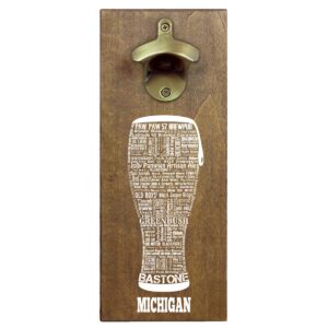torched state craft beer typography magnetic beer bottle opener with cap catcher (michigan) | wall mounted bottle opener refrigerator magnet | makes a great gift for men, beer lovers, and collectors