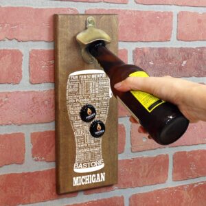 Torched State Craft Beer Typography Magnetic Beer Bottle Opener with Cap Catcher (Michigan) | Wall Mounted Bottle Opener Refrigerator Magnet | Makes a Great Gift for Men, Beer Lovers, and Collectors