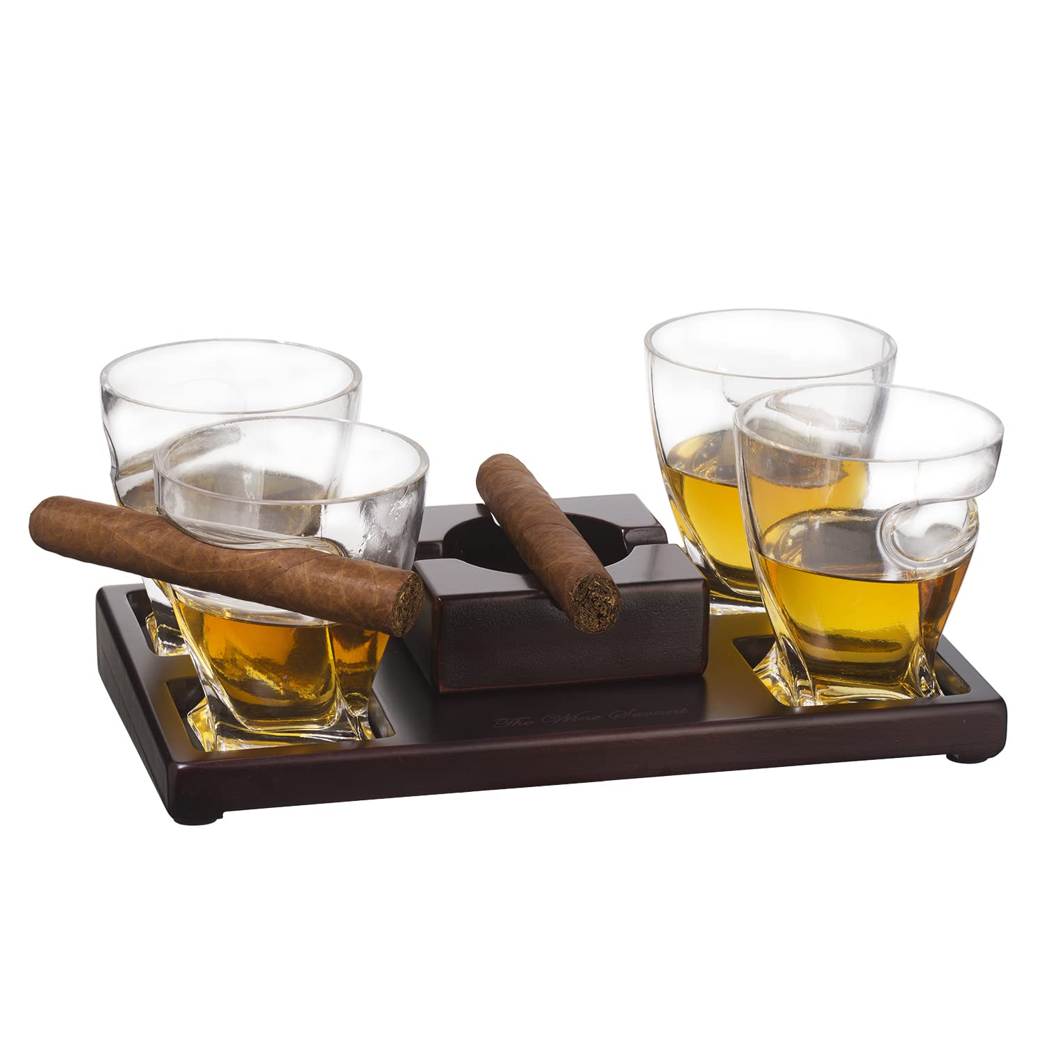 The Wine Savant Cigar Glasses Tray & Ash Tray, 4 Whiskey Cigar Glasses Slot to Hold Cigar, Whiskey Glass Gift Set, Cigar Rest, Accessory Set Gift for Dad, Men Home Office Decor Gifts, Man Cave