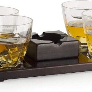 The Wine Savant Cigar Glasses Tray & Ash Tray, 4 Whiskey Cigar Glasses Slot to Hold Cigar, Whiskey Glass Gift Set, Cigar Rest, Accessory Set Gift for Dad, Men Home Office Decor Gifts, Man Cave