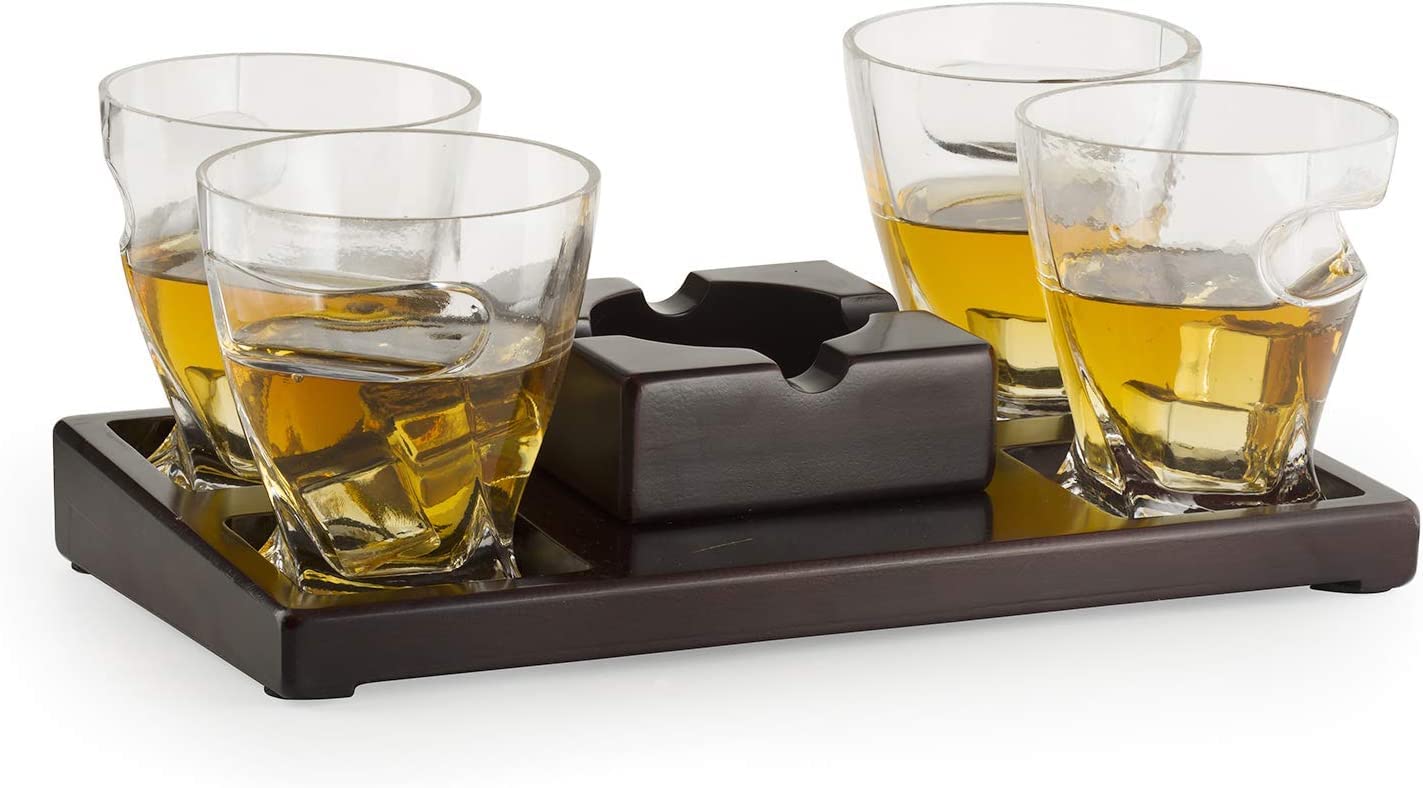 The Wine Savant Cigar Glasses Tray & Ash Tray, 4 Whiskey Cigar Glasses Slot to Hold Cigar, Whiskey Glass Gift Set, Cigar Rest, Accessory Set Gift for Dad, Men Home Office Decor Gifts, Man Cave