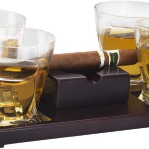 The Wine Savant Cigar Glasses Tray & Ash Tray, 4 Whiskey Cigar Glasses Slot to Hold Cigar, Whiskey Glass Gift Set, Cigar Rest, Accessory Set Gift for Dad, Men Home Office Decor Gifts, Man Cave