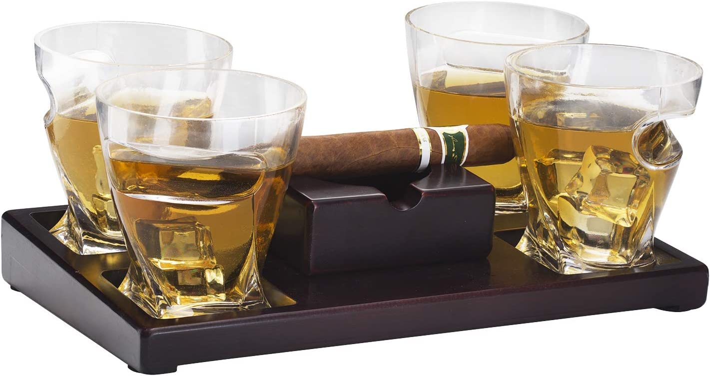 The Wine Savant Cigar Glasses Tray & Ash Tray, 4 Whiskey Cigar Glasses Slot to Hold Cigar, Whiskey Glass Gift Set, Cigar Rest, Accessory Set Gift for Dad, Men Home Office Decor Gifts, Man Cave